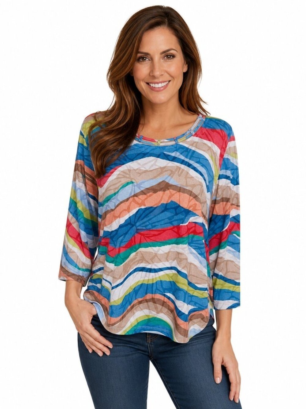 Alfred Dunner Multicolor Ruched Hem Top Size XL – Lightweight Stretch Knit